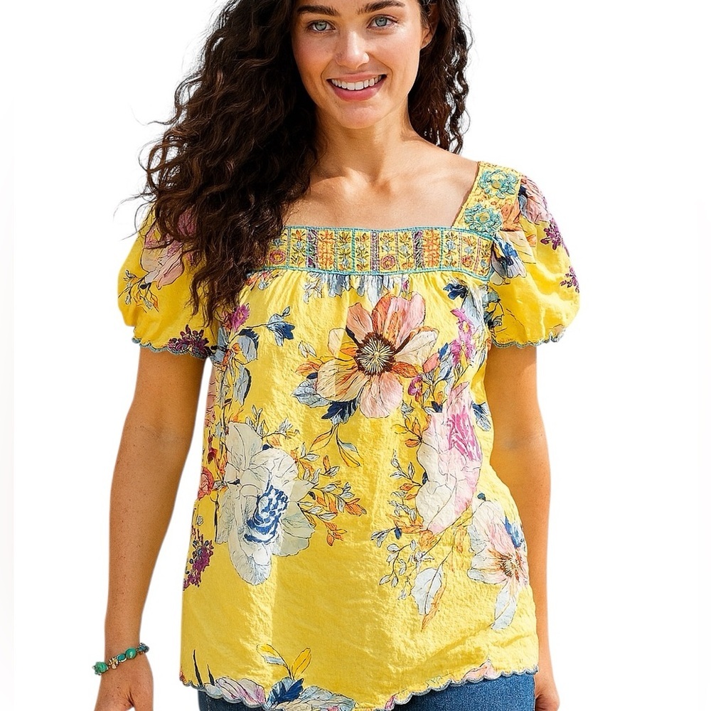 Johnny Was Brisbane Yellow Bali Floral Embroidered Multi Color Top NWT RARE
